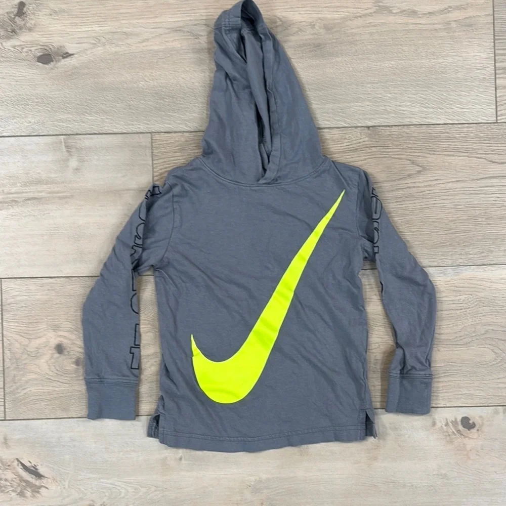 Nike Gray Tshirt Hoodie with Neon Yellow Logo Swoosh Youth Boys